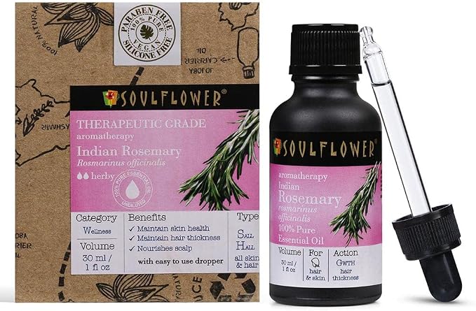 Soulflower 100% Pure Rosemary Oil for Hair Growth, Hair Fall Control, Strengthening, Volumising Hair Oil for All Types | Organic Certified (1 fl oz)