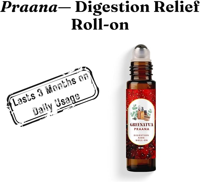 Praana Digestive Support Essential Oil Roll On for Gut Health, Bloating, Gas, Tummy Ache & Constipation Relief - Asafoetida, Fennel, Ginger, Castor Oil, Peppermint -10ml/0.33 fl oz