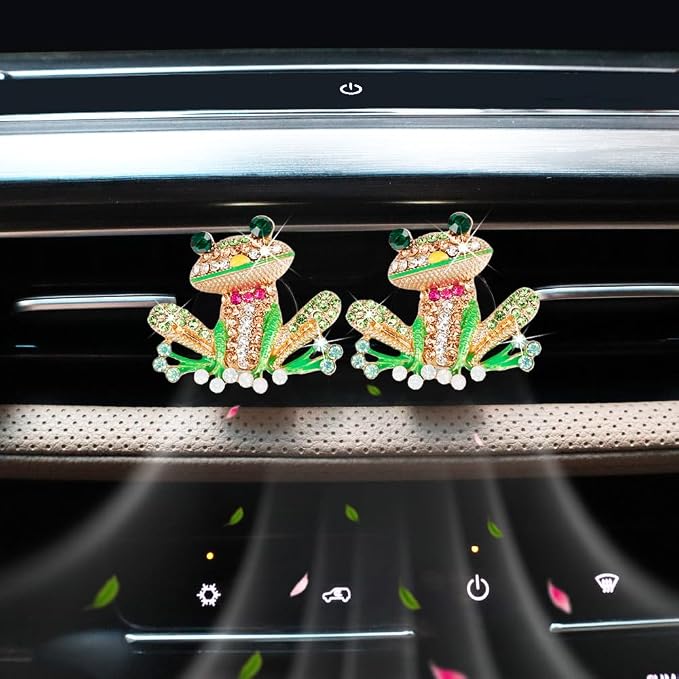 ORIESSE Frog Car Accessories, 2pcs Bling Tree Frog Air Vent Clips Car Air Fresheners,Cute Red Bow Tie Colorful Rhinestones Frog Car Decor,Refillable Diffuser