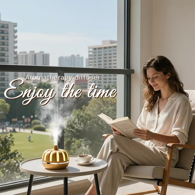 Essential Oil Diffuser 300ml for Home Bedroom, Aromatherapy Oil Diffuser with 3H 6H Timer, 7 Color Light, USB Type-C, Pumpkin Design, Auto Shut-Off(Light Woodgrain, Pumpkin)