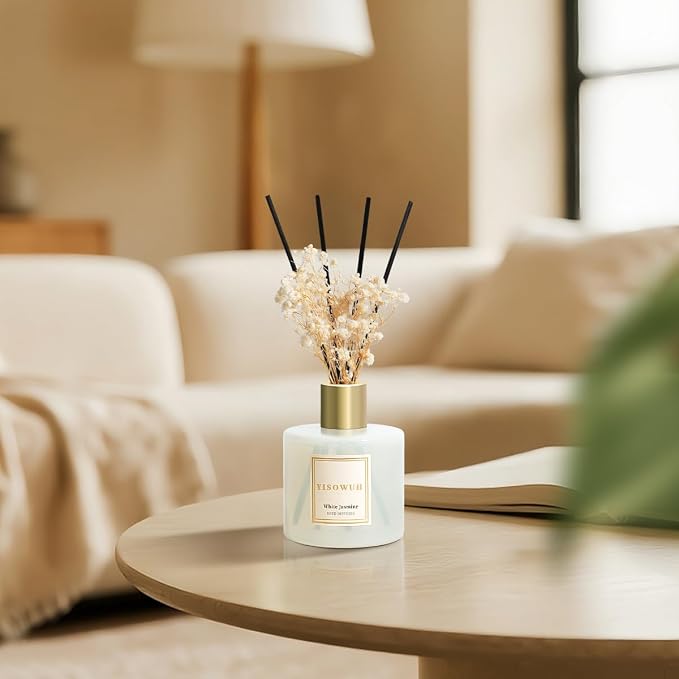 Diffusers for Home 6.76 fl oz（200ml）, YISOWUH White Jasmine Reed Diffuser Set Oil Diffusers with 8 Reed Sticks, Long Lasting Fragrance for Home Decor, Bathroom, Bedroom, Gifts