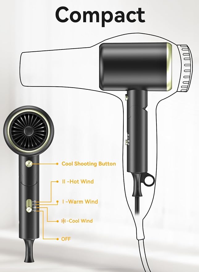 Hair Dryer, 150000RPM Ionic Blow Dryer - Fast Drying, Low Noise, Foldable Portable with Diffuser and Nozzle, Compact Mini for Women and Men, Home and Travel - Black