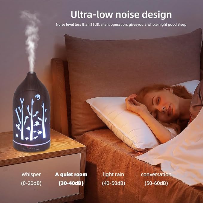 Essential Oil Diffuser,7.1''x3.5'' Air Diffusers with 3 Aromatherapy Oils Set,Small 200ml Humidifier with 7 LED Colors Lights,Waterless Auto-Off for Desk Office Home Decor Gift(Tree Dark Wood Grain)