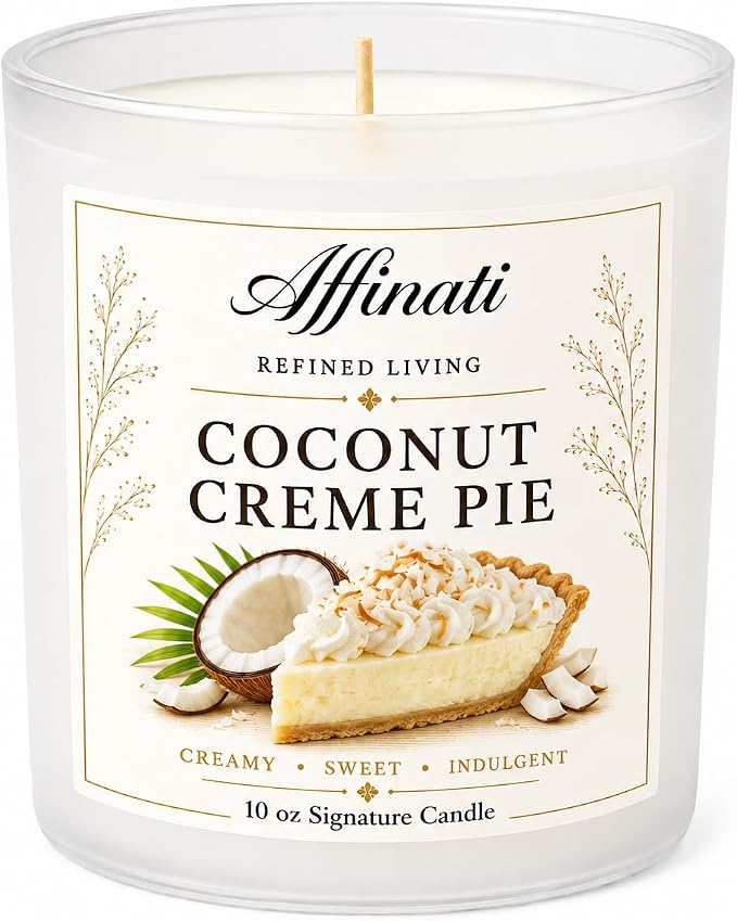 Affinati Coconut Creme Pie Scented Candle – 10 oz Luxury Soy Blend Candle for Home, Strong Scent Throw Sweet Rich Dessert Gourmand Bakery Candle, Premium Luxury Gift