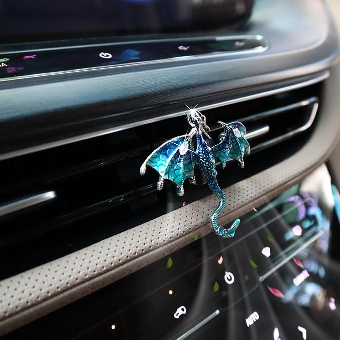 ORIESSE Bling Dragon Car Air Freshener Vent Clip,1pc Rhinestone Blue Dragon Car Decor,Cute Air Vent Clip Dashboard Decoration Accessory,Refillable Animal Diffuser