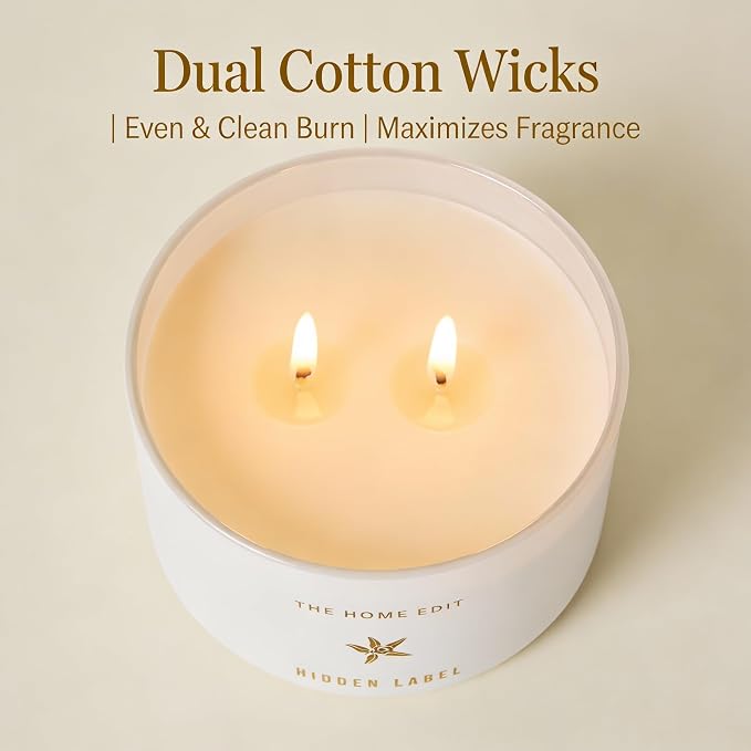 Hidden Label Vanilla Jasmine Soy Candle, 10oz 2-Wick, 45H Clean Burn | Relaxing Aromatherapy | Sweet Warm Floral Layers | Even Melt, No Tunneling | Non-Toxic Phthalate-Free | Gift Boxed Minimalist