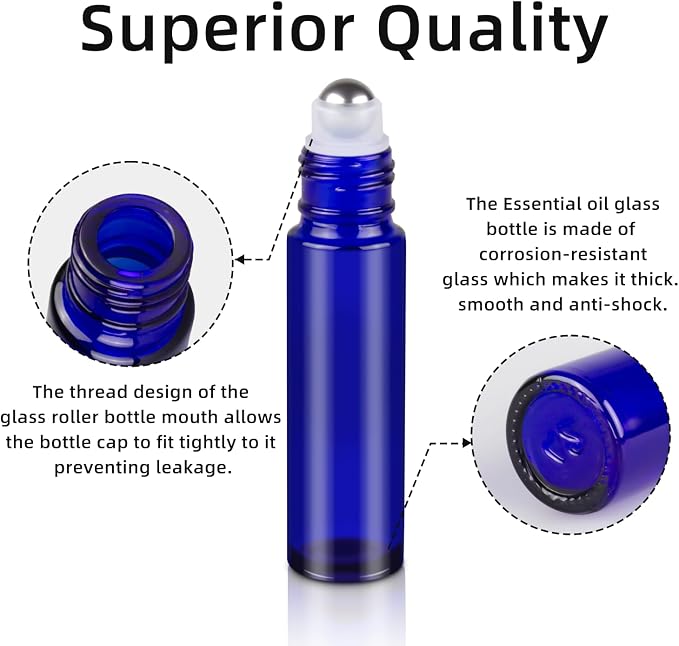 10ML Essential Oil Roller Bottles, 6 Pack Blue Oil Roller Bottles for Essential Oils, Roll on Bottle with Stainless Steel Balls(6 Labels, Opener, Funnel, Dropper Included)