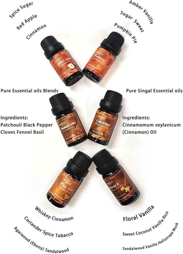 HIQILI Spice Fragrance Oil, Scented Oil 6x10ml for Candle Making Soap Slime, Fall Essential Oils for Diffuser Home, Cinnamon Pumpkin Vanilla Apple Cider Harvest Spice Fall Leaf, Christmas (Pack of 2)