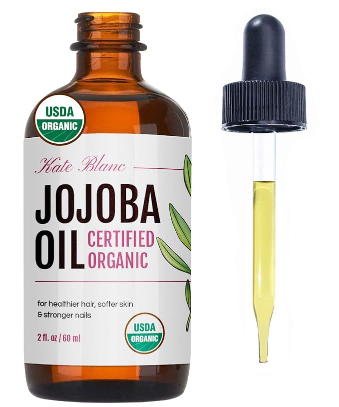 Kate Blanc Cosmetics Organic Jojoba Oil for Hair, Skin, Face, Nails (2oz) - USDA Certified, 100% Pure Cold Pressed Unrefined - Moisturizing Carrier Oil for Gua Sha, Dermaplaning, Body - Glass Bottle