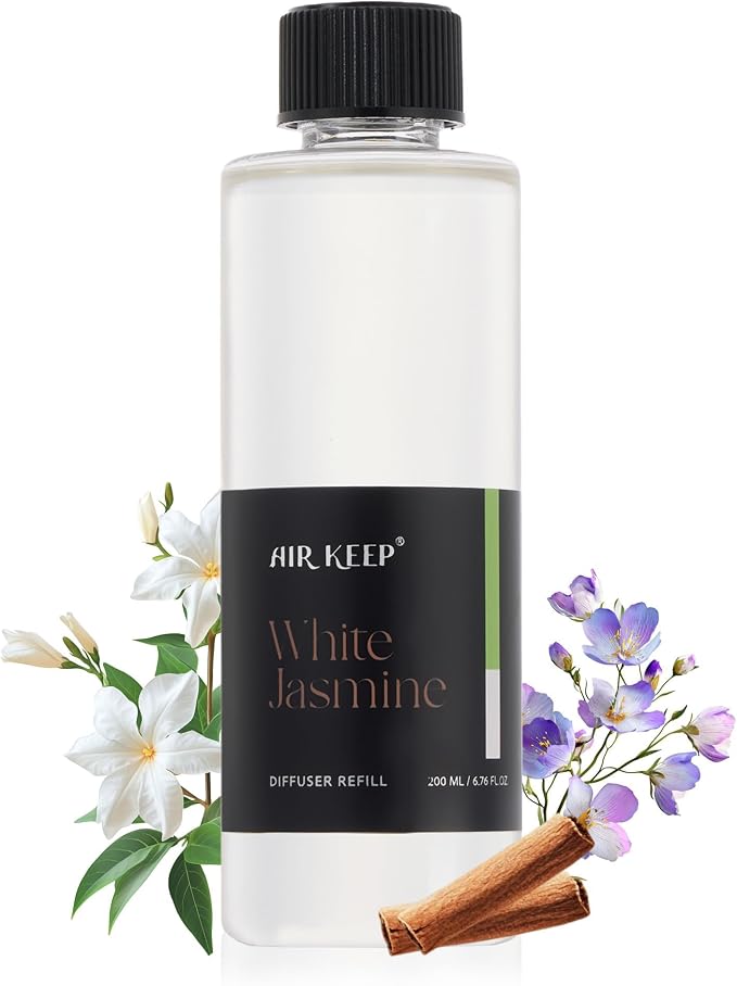 Airkeep White Jasime Reed Diffuser Refill – 6.76 fl oz – Premium Scented Oil for Home Aromatherapy – Long-Lasting Fragrance for Reed Diffusers – Perfect for Bathroom, Bedroom & Home Decor