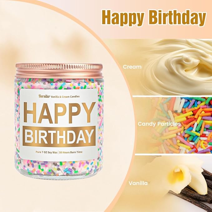 Candles for Birthday, Vanilla Cream Scented Candle 7OZ, Happy Birthday Candle Gifts for Women Her Best Friend, Unique Cute Soy Candles Non Toxic Aromatherapy