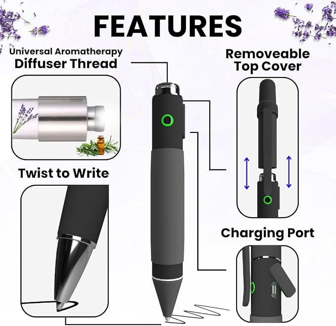 Aromatherapy Writing Pen Battery with Real Ink Tip and Hidden Diffuser Port, Soft Touch Ballpoint for Note Taking, Signature, and On-the-Go Relaxation, Rechargeable Wellness Gift for Office or Travel