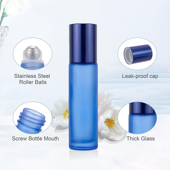 Kesell Glass Roller on Bottle, 10ml Refillable Essential Oil Bottle with Stianless Steel Ball, Pack of 10 (Light blue)