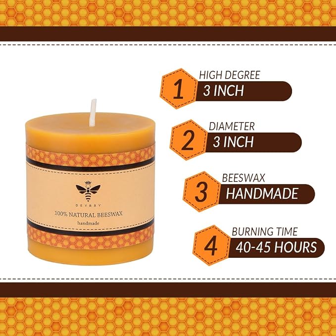 DEYBBY 3x3 inch Natural Beeswax Pillar Candle for Women, Smokeless Dripless Pure Organic Beeswax Candle with Natural Scent for Blackout Home Decoration Bath Relaxation（Yellow）