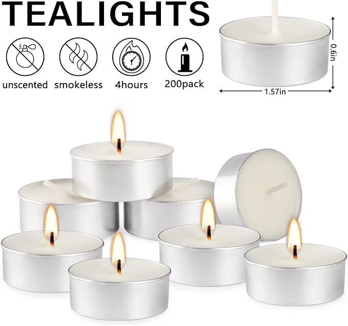 200 Pack Unscented Tealight Candles, 4 Hour Burn Time, Smokeless & Dripless White Tea Lights in Aluminum Cups, Standard Size Votive Candles for Wedding, Christmas, Halloween, Party, Décor & Emerge