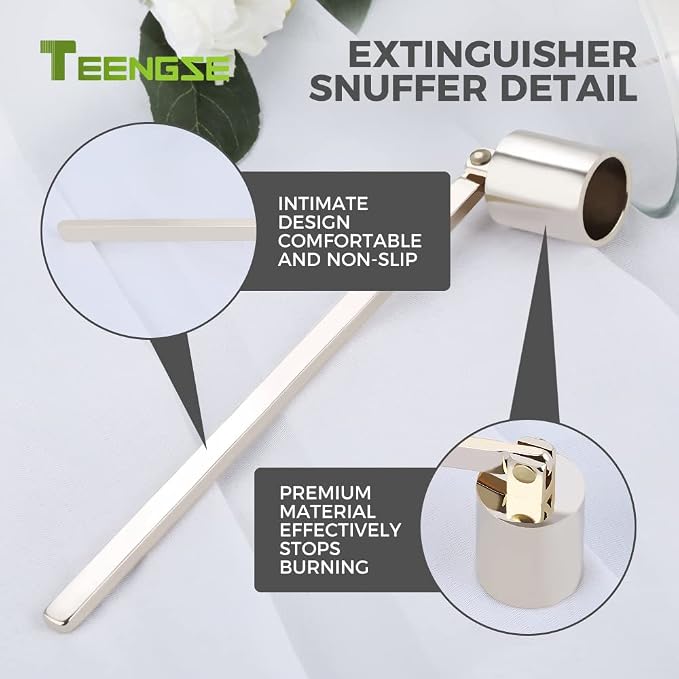Gold Candle Snuffer and Wick Trimmer, Stainless Steel Polished Candle Accessory Set with Long Handle Candle Extinguisher for Candle Lover and Family That Likes to Use Candles