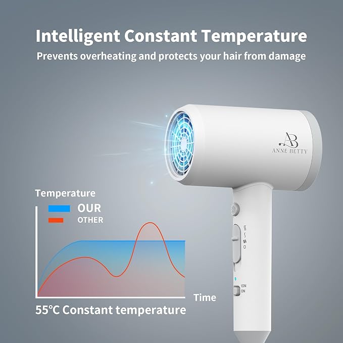 ANNE BETTY Hair Dryer with Diffuser for Curly Hair, 1800W Ionic Blow Dryer for Women & Men, Fast-Drying, Lightweight, Low Noise, Hair Care Styling Tool for Home, Travel