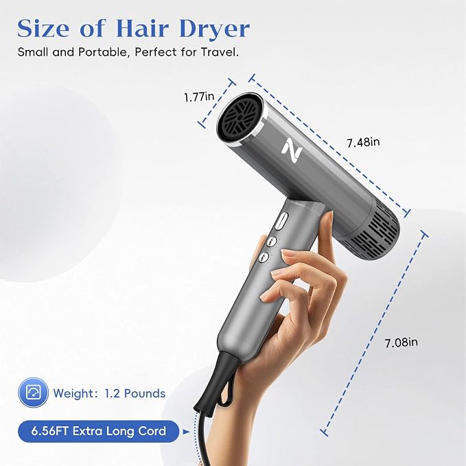 Natrial Ionic Professional Hair Dryer with Diffuser for Curly Hair,1600W&110000RPM High Speed Blow Dryer for Women,Fast Drying,Lock Function,Low Noise,Lightweight for Home Travel Salon,Light Grey