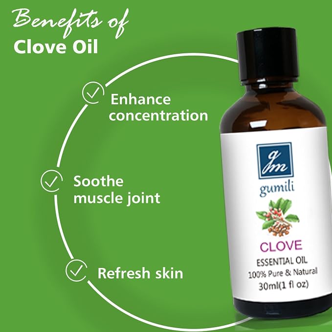 GM Gumili Clove Oil 1 Oz, 100% Pure Clove Bud Essential Oil for Teeth and Gums, Natural Aromatherapy Essential Oils for Diffuser, Skin and Hair Care