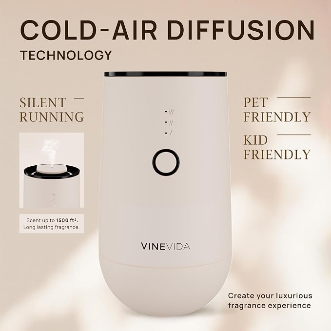 VINEVIDA Waterless Diffuser - Essential Oil Diffuser for Home - Beige Scent Diffuser for Home, Battery Operated Aromatherapy Diffuser - Car, Room Fragrance Air Diffuser