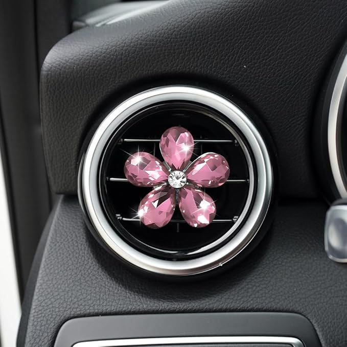 5PCS Bling Daisy Flower Car Air Vent Clips, Car Diffuser Vent Clip, Sparkling Crystal Rhinestone Cute Auto Air Conditioning Clamp, Diamond Air Outlet Clip Decor for Women Girls (Light Pink)