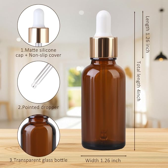 Amber Glass Dropper Bottles, 1 oz, 12 Pack with Glass Eye Droppers, Leak-Proof Travel Dispensers for Essential Oils, Tinctures, Lab Chemicals, Includes Funnels, Labels
