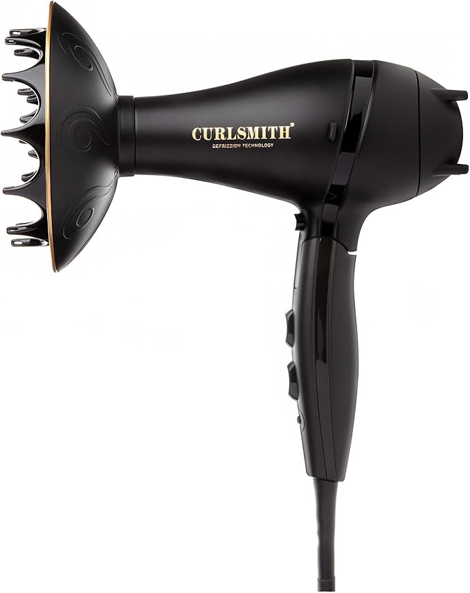 Curlsmith Defrizzion Travel Hair Dryer with Large Diffuser - for Curly Hair, Reduce Frizz, 3 Speeds, 3 Heat Settings, Infared, Ceramic Heat for Fast Drying