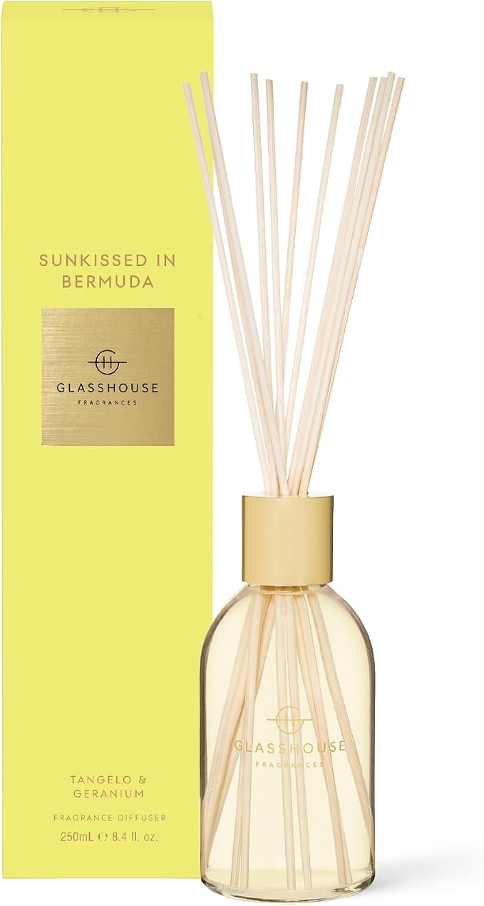 Glasshouse Fragrance Sunkissed in Bermuda Reed Diffuser, Home Fragrance & Perfume Scented Room DÈcor, Natural & Oil Free, Tangelo & Geranium 8.4.fl.oz (250mL)