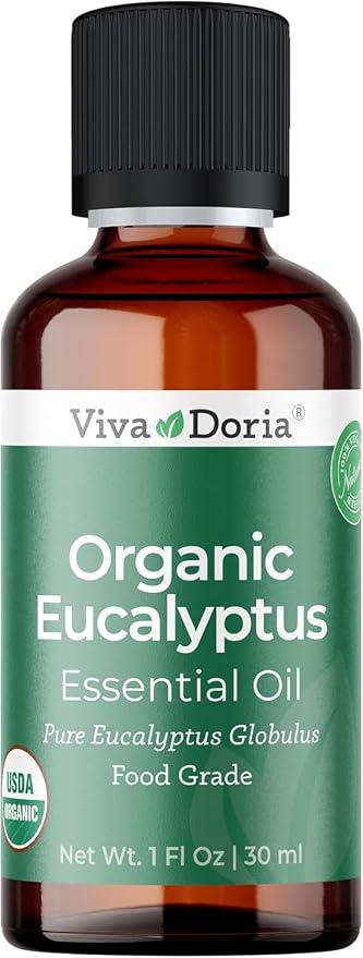 Viva Doria Eucalyptus Essential Oil, USDA Certified, Organic Eucalyptus Globulus Oil, 100% Pure, Natural Essential Oil, Undiluted, for Aromatherapy | Food Grade, 30 mL (1 Fluid Ounce)