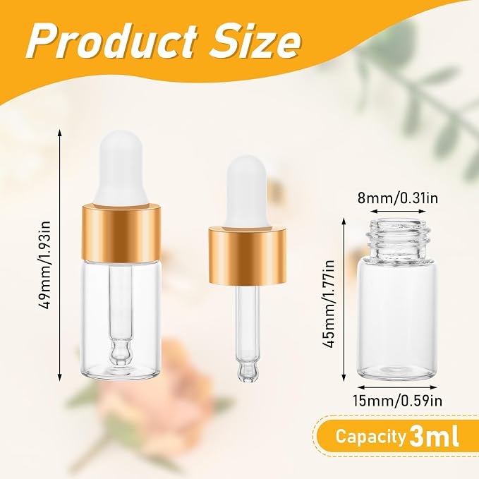 20 Pack Mini Dropper Bottle for Cuticle Oil, 3ml Small Sample Essential Oil Dropper Bottles for Travel, Clear Empty Vails for Cosmetic Perfume