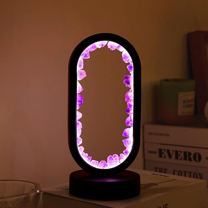 Runyangshi Crystal Lamp - Amethyst Tooth Ellipse Night Light with USB Port, 3 Colours Mode Table Lamp for Bedroom, Bedside, Office, Home Decor, Gift