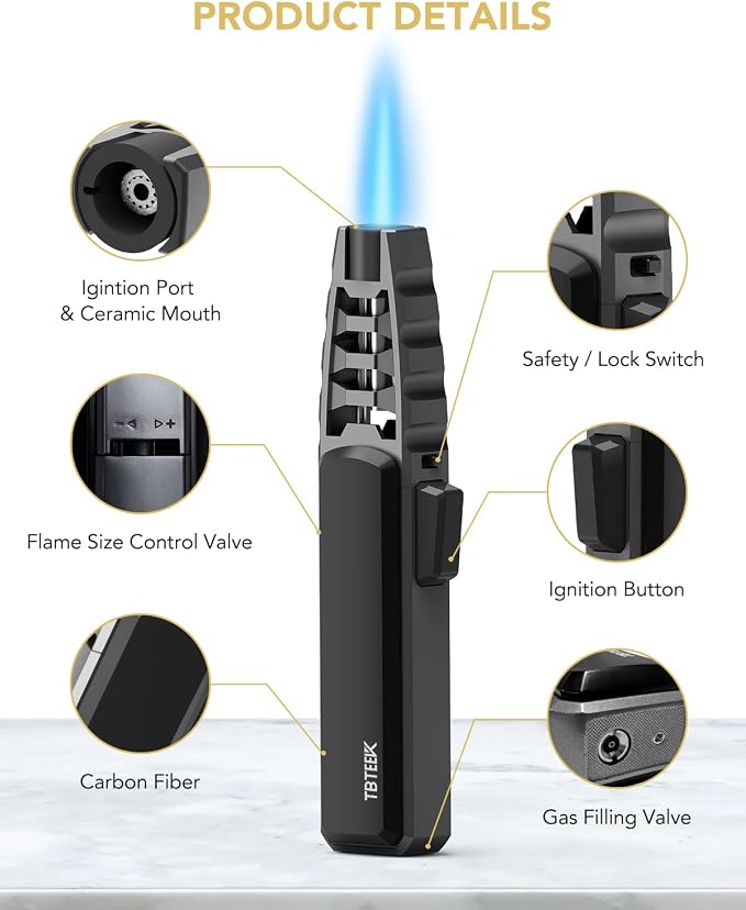 TBTeek Butane Torch Lighter 2 Pack, Adjustable Jet Flame Lighter, Refillable Blow Torch, Cooking Torch with Safety Lock for Kitchen, Baking, Candle, Camping, Black(Gas Not Included)