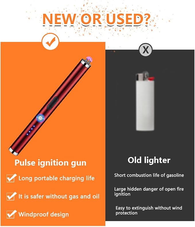 Electric Candle Lighter Rechargeable Plasma Flameless USB Lighter with Safety Lock Dual Arc LED Display for Grill Kitchen Camping (Red)
