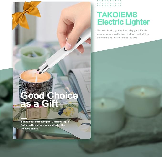 Candle Lighter, Electric Lighter USB with Upgraded LED Display Safety Switch, Rechargeable Flameless, Cream White