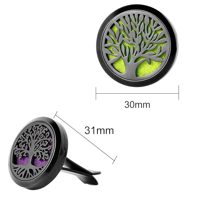 RoyAroma 2PCS Tree of Life Car Diffuser Aromatherapy Essential Oil Black Stainless Steel Locket with Vent Clip 12 Felt Pads