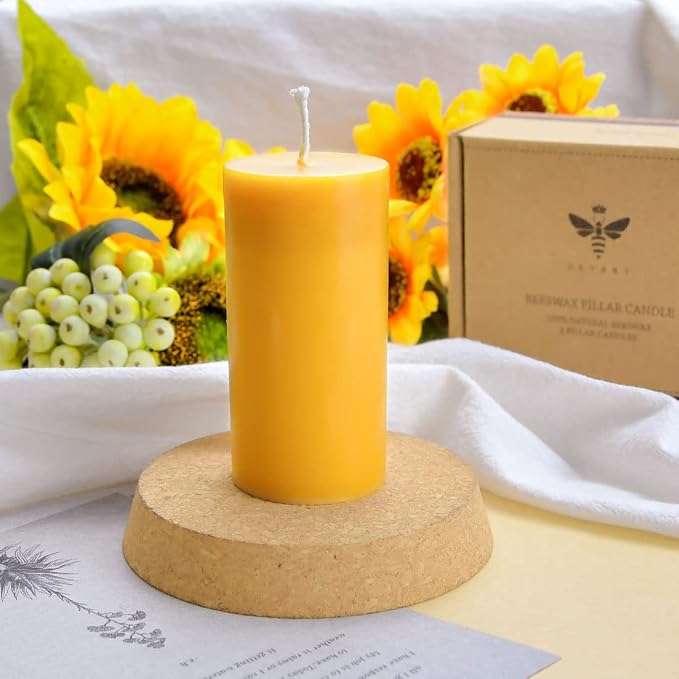 DEYBBY 2 x 4 inch Natural Beeswax Pillar Candles Set of 4, Smokeless Dripless Pure Beeswax Candle Bulk with Natural Scent for for Home Decor Blackout Housewarming Party Event, Long Burn, Yellow
