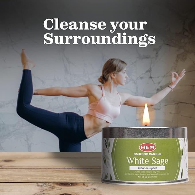 HEM White Sage Smudge Candle – 3.2 oz Natural Soy Wax with Healing Crystals Inside | Scented Candle for Cleansing, Meditation, Yoga & Relaxation | Long Lasting 20 Hr Clean Burn