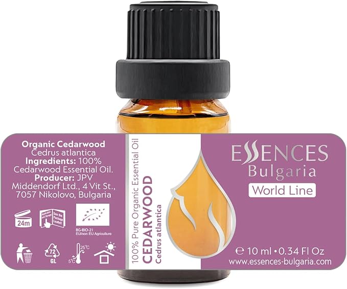 Essences Bulgaria Organic Cedarwood Essential Oil 0.34 Fl Oz 10ml Cedrus atlantica - 100% Pure Natural Undiluted Therapeutic Grade for Aromatherapy with Diffuser Humidifier DIY Men Cologne