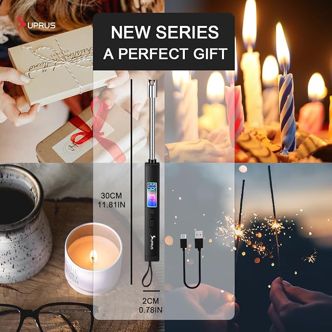 SUPRUS Electric Candle USB Type C Rechargeable 360° Flexible Neck Lighter with Upgraded LED Battery Display Safety Switch Flameless Plasma Windproof (Black, 3Packs)