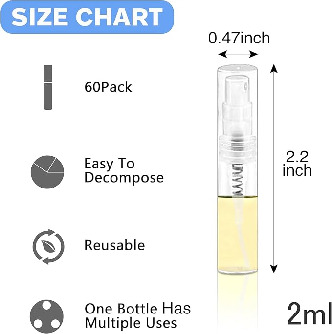 Mini Spray Bottle, Clear Plastic Empty Sample Containers, Fine Mist Perfume Travel Refillable Spray Bottle Perfume Atomizer Small Portable Bottle for Cleaning, Travel, Essential Oils (60, 2ml)