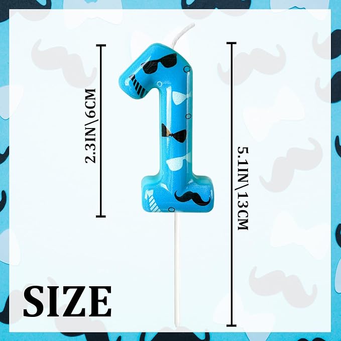 Number 1 Birthday Candle for Cake – Blue Gentleman Style with Sunglasses, Bow Tie & Mustache Design – Cool Cake Topper for Birthday Party Decoration