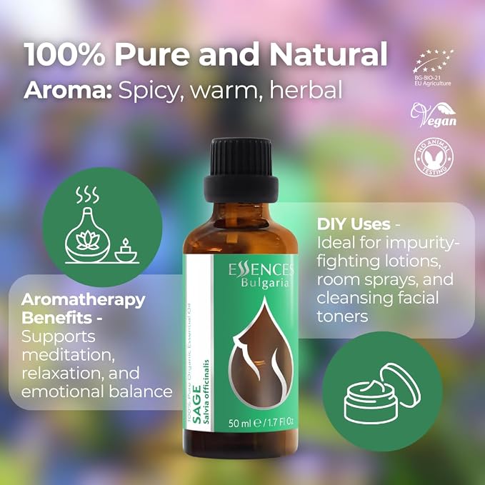 Essences Bulgaria Organic Sage Essential Oil 1,7 Fl Oz | 50ml | Salvia officinalis | 100% Pure and Natural | Undiluted | Therapeutic Grade | Family Owned Farm | Steam-Distilled | Non-GMO | Vegan