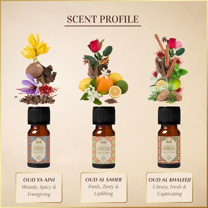 Arabic Oud Diffuser Oil Set, Essential Oils by Dukhni | 3 x 10ml Oudh Oil Gift Set for Diffuser & humidifier | 100% Pure Halal Oils | Relax with Home Aromatherapy, for Relaxation & Massage