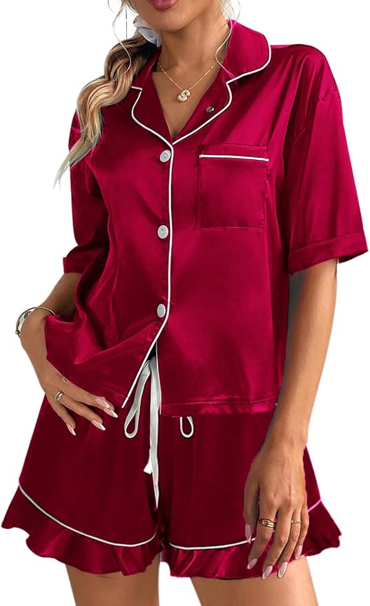 CHYRII Women's Silk Satin Pajamas Two Piece Pj Sets Short Sleeve Tops Ruffled Shorts Sleepwear with Magnetic Diffuser