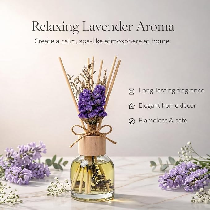 Lavender Reed Diffuser with Real Dried Flowers - 100ml (3.4oz) Home Fragrance Room Freshener - 6 Natural Sticks for Adjustable Scent - Long Lasting Aroma - Minimalist Decor Gift for Home & Office