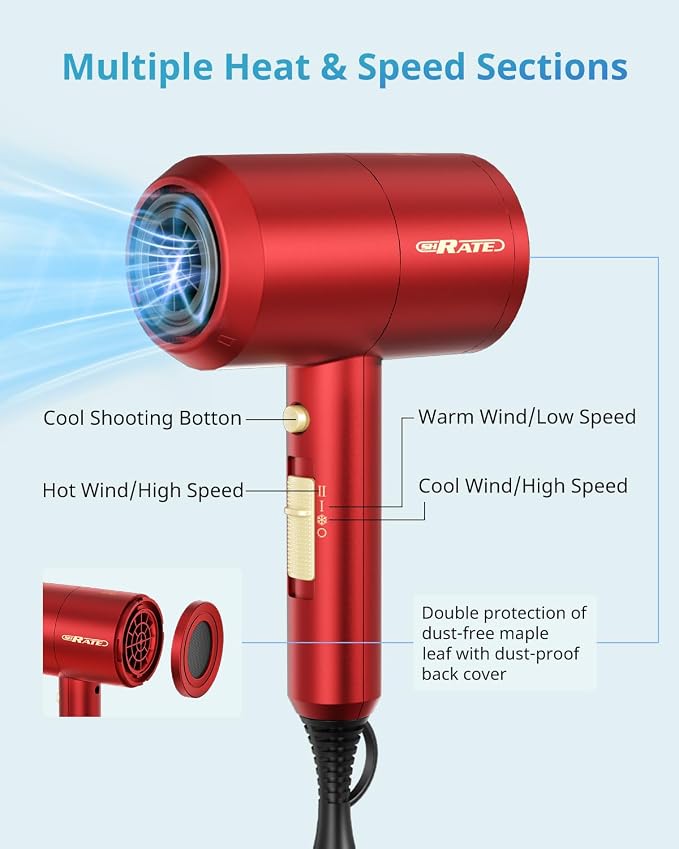 SHRATE Ionic Hair Dryer with Diffuser | Professional Blow Dryer for Curly, Frizzy & All Hair Types | Low Noise & Gentle for Sensitive Hair | Compact & Portable Design for Home, Travel, Women & Men