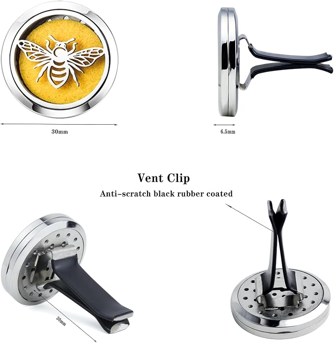 Bee Portable Car Vent Clip Diffuser for Essential Oils,Stainless Steel Vent Holders with 10 Felt Pads Each, Set for Family Vehicles