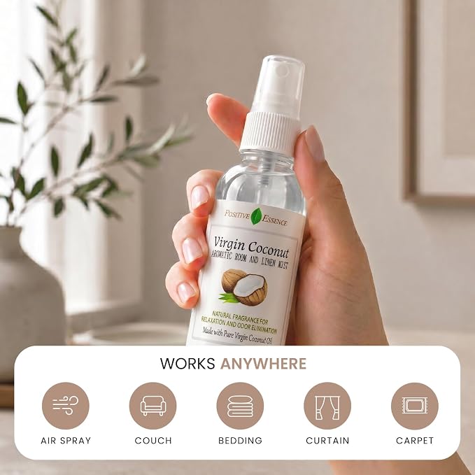 Virgin Coconut Linen and Room Spray, Natural Aromatic Mist Made with Pure Virgin Coconut Oil, Relax Your Body & Mind, Perfect as a Bathroom Air Freshener Odor Eliminator