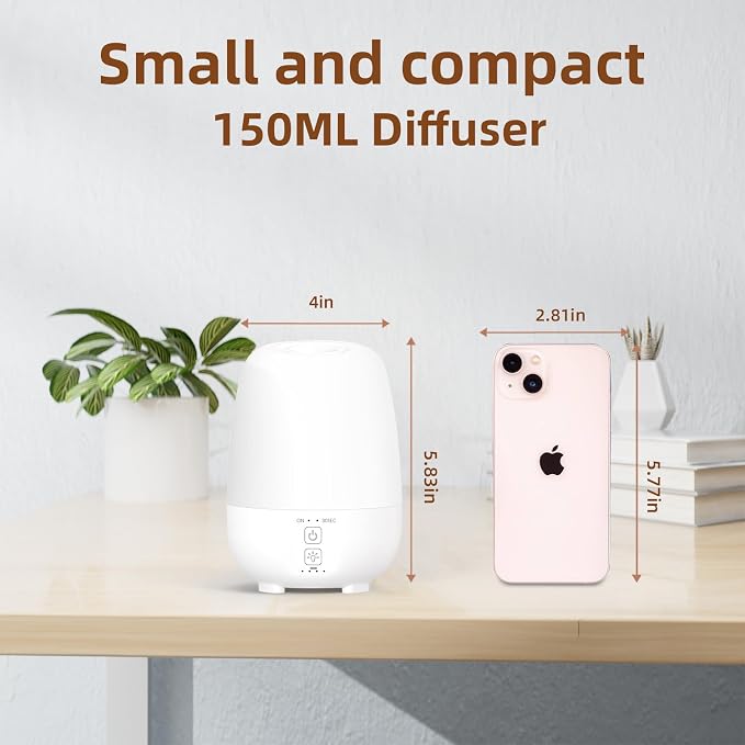 SEEDSEEL 150ML Rechargeable Battery Operated Essential Oil Diffuser,7-Hour Runtime with 7 LED Color Changing Lights Portable Cordless Aromatherapy Diffuser