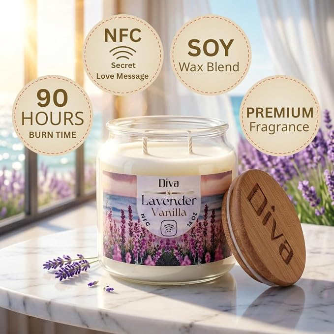 DV DIVA Lavender Vanilla Scented Soy Wax Candle Gift 14oz Anniversary, Valentine & Birthday Gift Luxury Large Candle with Hidden NFC Love Message Soft Fragrance for Home Decor & Relaxing Ambiance